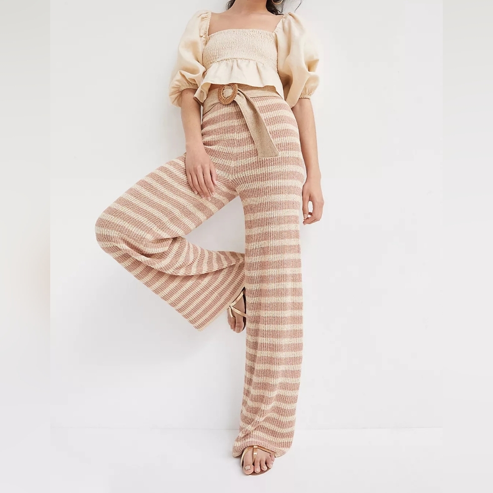 Anthropology Flat White Striped Knit Wide-Leg Pants Medium